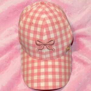 Juicy Couture Pink Gingham Baseball Cap Hat Embroidered Bow Crystal Heart Accent